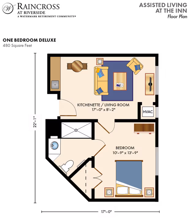 Floor plan of a 480-square-foot assisted living one-bedroom unit showing a kitchenette/living room, bedroom, bathroom, and HVAC with labeled dimensions.