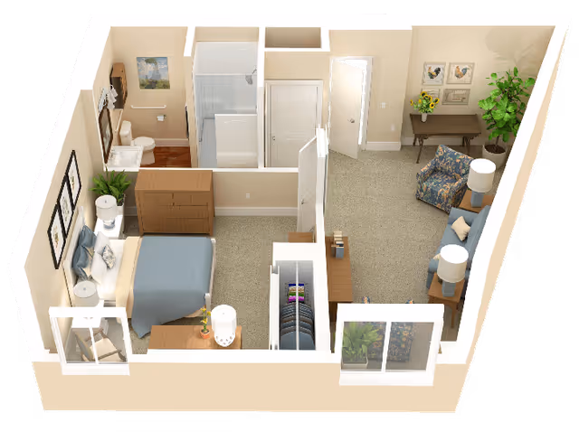 3D floor plan of a senior living apartment featuring a bedroom with a bed, nightstands, dresser, and closet; a bathroom with a toilet, sink, and shower; and a living room area with a sofa, armchair, side tables with lamps, a desk, and a large plant.