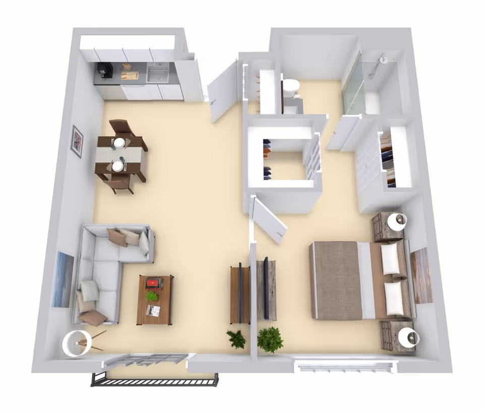 3D floor plan rendering of a one-bedroom apartment showing a living area with sofa and dining table, kitchenette, bedroom, bathroom, and closets.