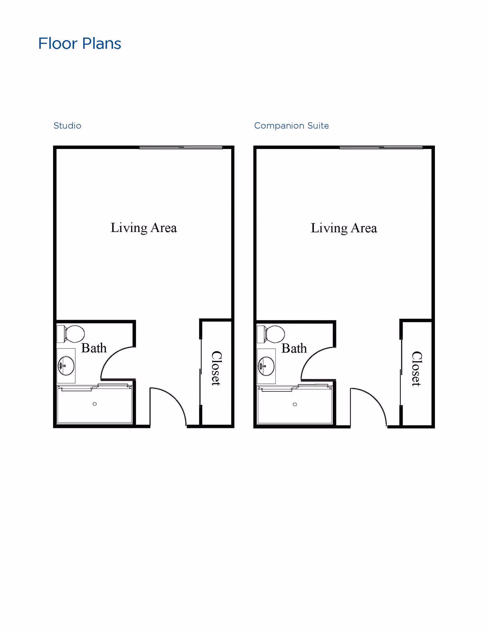 Floor plans for two types of living spaces at Brookdale North Euclid: a Studio and a Companion Suite. Both layouts include a living area, a bathroom with a toilet, sink, and shower, and a closet.
