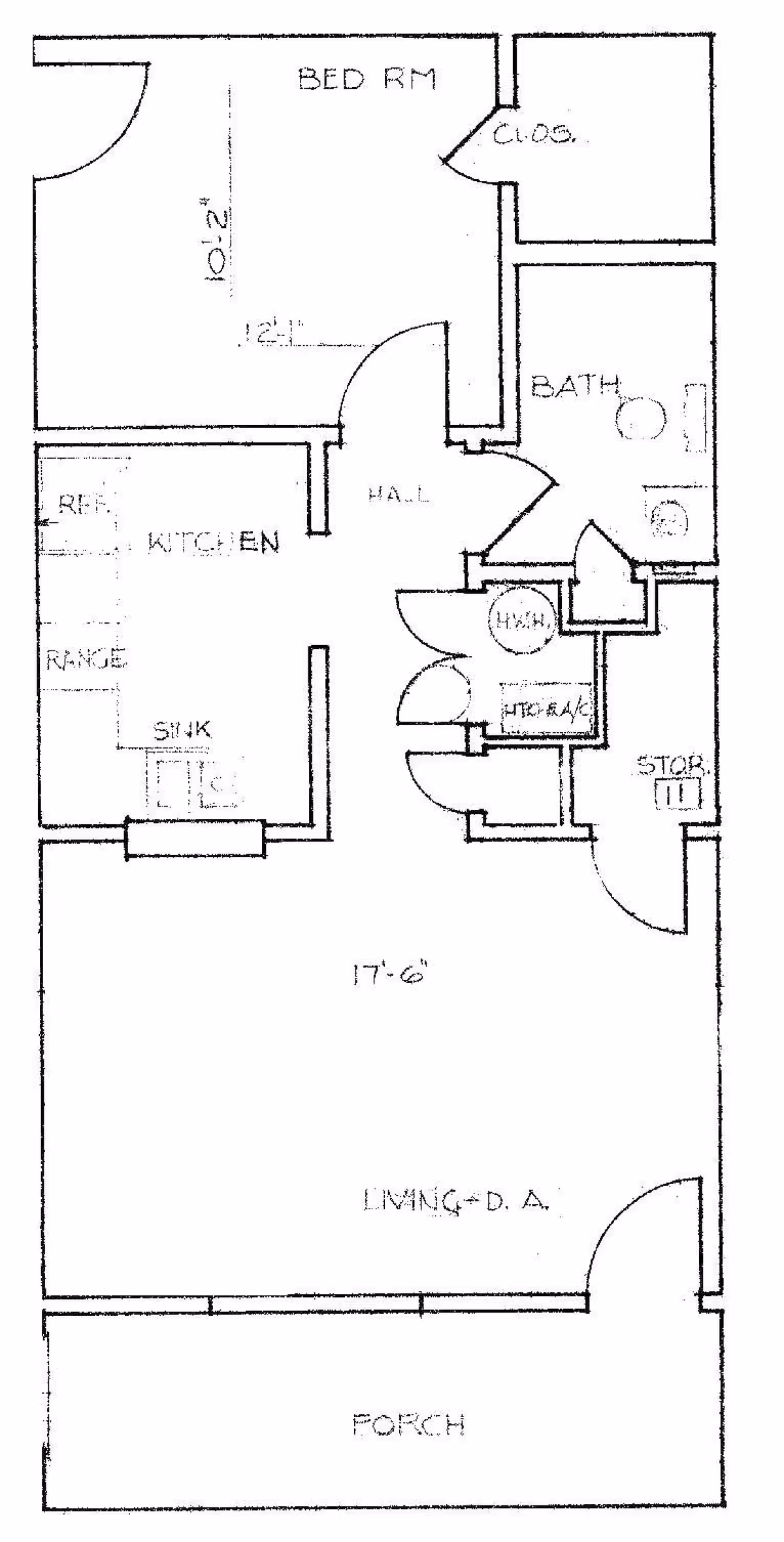 Black-and-white floor plan of a one-bedroom apartment showing a porch, living/dining area, kitchen, bedroom, bathroom, closets, and storage.