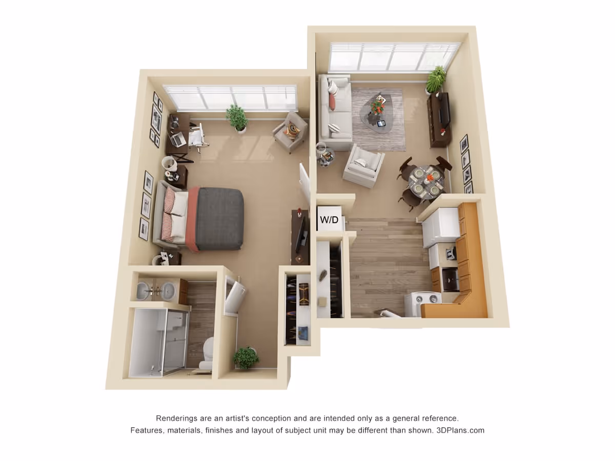 3D floor plan of a senior living apartment showing a bedroom with a bed, desk, chair, and closet; a bathroom with a shower, toilet, and double sink; a living room with sofa, armchair, coffee table, TV, and dining table with four chairs; and a kitchen with appliances and cabinetry. There is a washer/dryer closet near the living room.