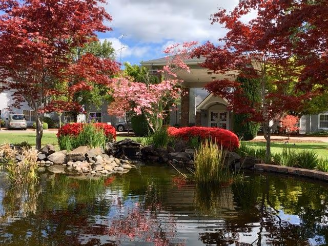 A serene outdoor scene at Mennonite Village featuring a small pond surrounded by rocks and lush greenery, with vibrant red and pink trees and bushes. In the background, there is a building entrance partially visible under a partly cloudy sky.