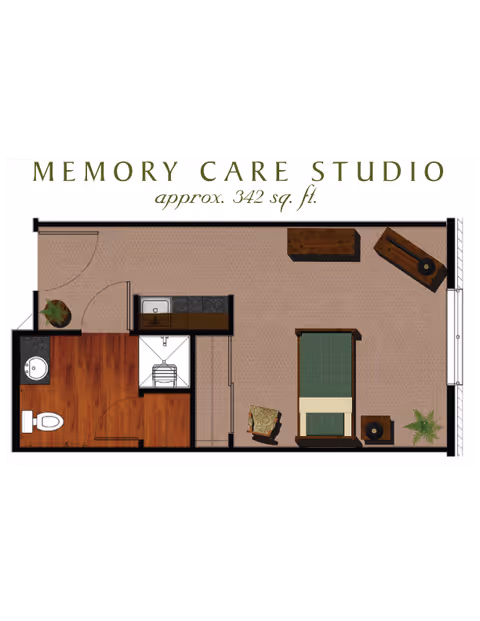 Top-down floor plan illustration of a 342 sq. ft. memory care studio showing a bed, bathroom, kitchenette, and furniture.