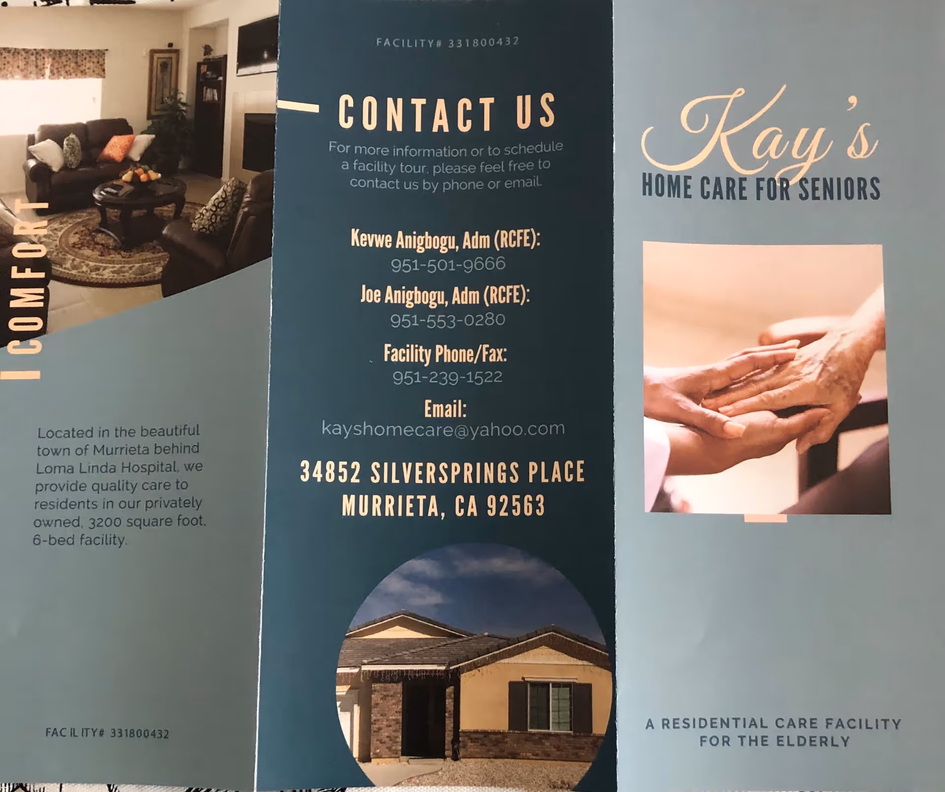 Brochure for Kay's Home Care for Seniors showing a living room with sofas, a coffee table, and a rug, contact information including phone numbers and email, an image of a house exterior, and a photo of two people holding hands.