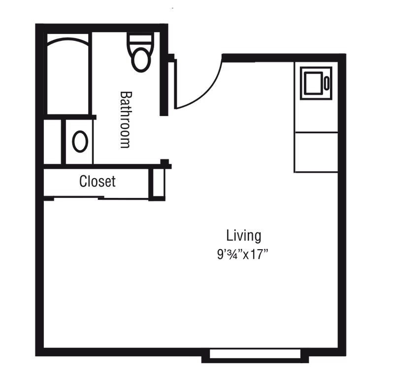 Architectural floor plan showing a small living space with a living area measuring 9 feet 3/4 inches by 17 feet, a bathroom with a toilet and sink, and a closet adjacent to the bathroom.