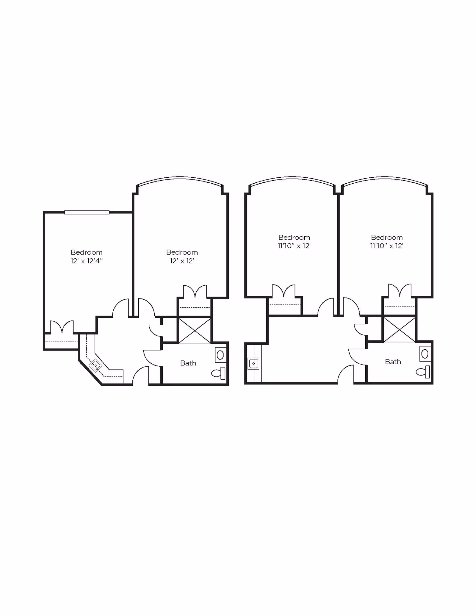 Architectural floor plan showing two separate apartment layouts, each with two bedrooms and one bathroom. The left layout has bedrooms sized 12' x 12'4" and 12' x 12', and the right layout has bedrooms sized 11'10" x 12'. Both layouts include a bath and closet spaces.