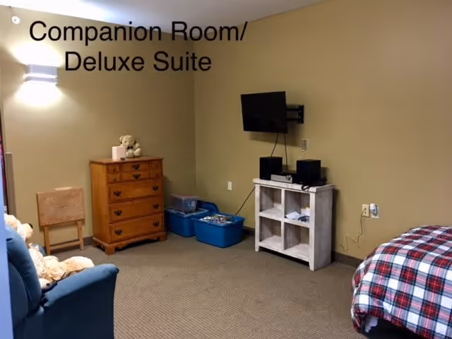 A cozy companion room or deluxe suite with beige walls and carpeted floor. The room features a wooden chest of drawers with a teddy bear on top, a small wooden chair, two blue storage bins, a white TV stand with a mounted flat-screen TV and speakers, a blue armchair with stuffed animals, and a bed with a red, white, and blue plaid blanket.