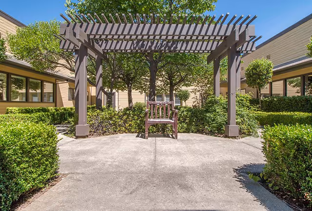 Outdoor courtyard area with a wooden pergola structure and a single wooden bench underneath. The courtyard is surrounded by green bushes, trees, and beige buildings with windows.