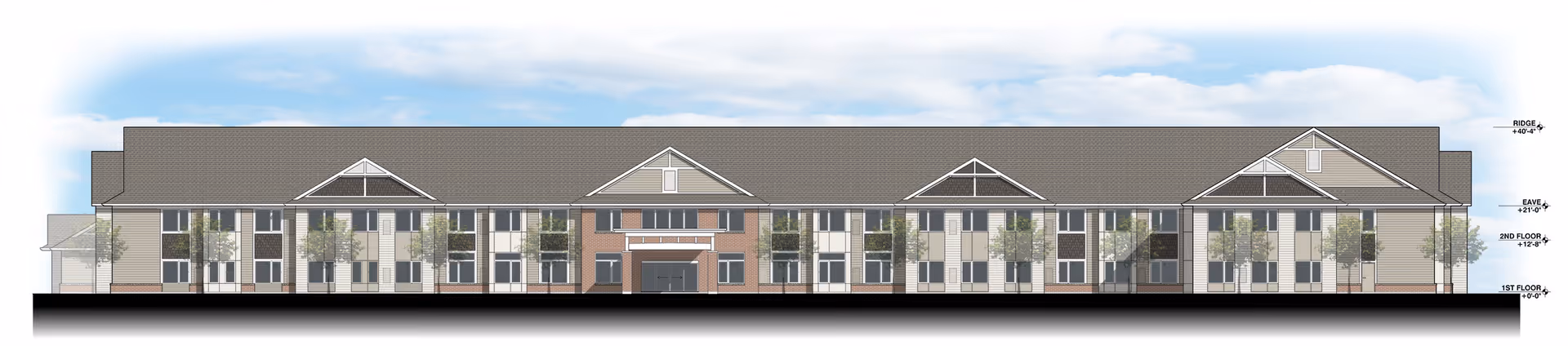 Architectural elevation drawing of a two-story senior living facility building with multiple windows, a central entrance, and a pitched roof. The building exterior features a combination of brick and siding with several trees in front.