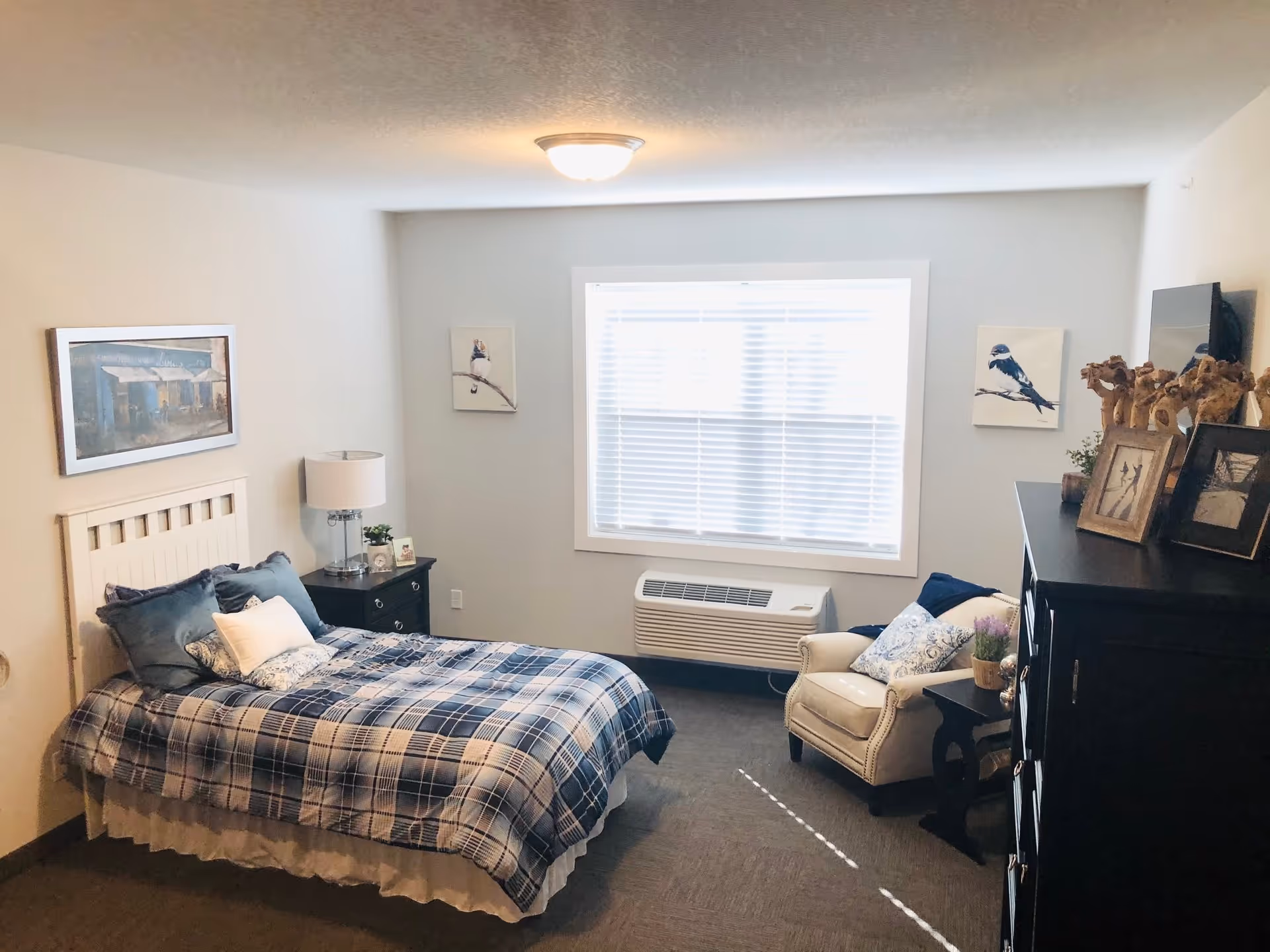 A cozy bedroom in a senior living facility featuring a single bed with blue and white plaid bedding, a nightstand with a lamp and small plant, a comfortable armchair with decorative pillows, a large window with blinds, and a dark wooden dresser adorned with framed photos and decorative items. The walls are light-colored with bird-themed artwork.