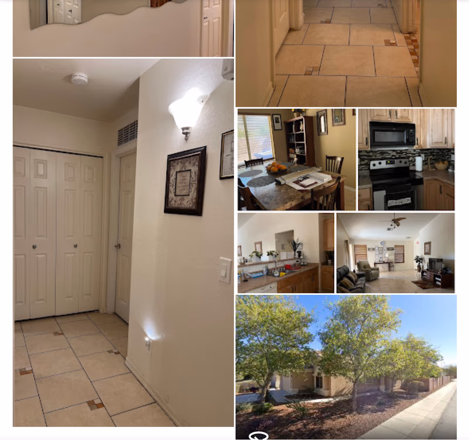 Collage of images showing various areas of an assisted living facility including a hallway with tiled floor and closed doors, a dining area with a table and chairs, a kitchen with stove and microwave, a bathroom sink area, a living room with seating and TV, and an exterior view of the building with trees and sidewalk.