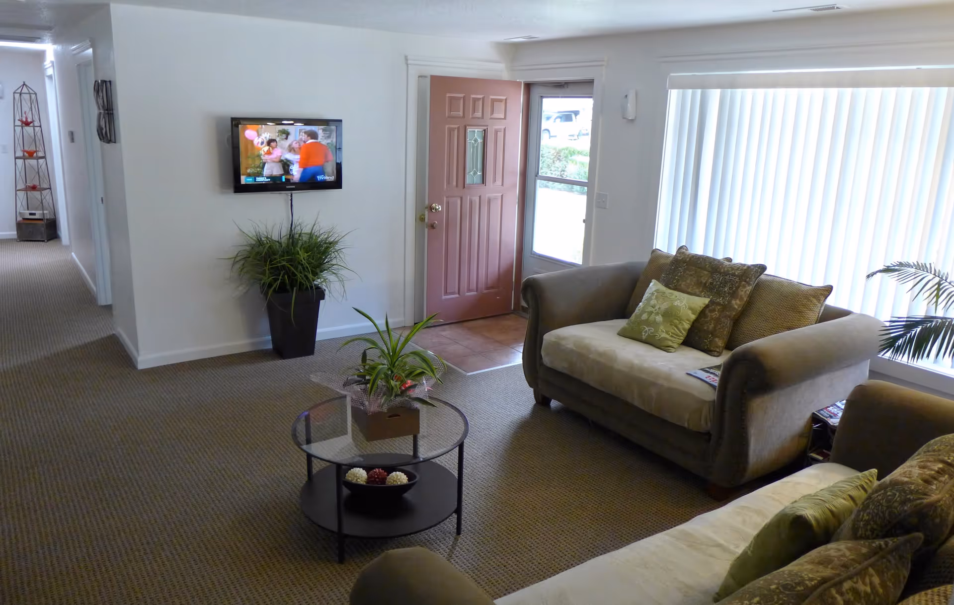 A cozy living room area with two beige sofas adorned with green and patterned cushions. A glass coffee table with a plant and decorative bowl sits in the center. A flat-screen TV is mounted on the wall above a tall potted plant. The room has a pink front door with a window beside it and vertical blinds covering a large window, allowing natural light to enter. The floor is carpeted, and a hallway is visible leading to other rooms.