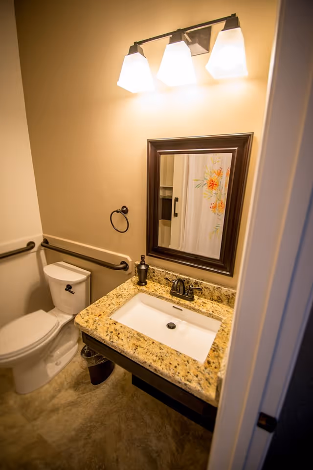 A small bathroom with a white toilet and a granite countertop sink. Above the sink is a dark-framed mirror and a three-light fixture. There is a towel ring on the wall and a shower curtain with a floral design visible in the mirror.