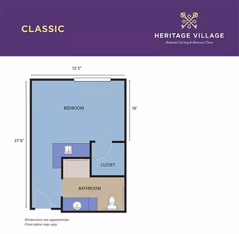 Floor plan labeled 'Classic' from Heritage Village Assisted Living and Memory Care showing a layout with a bedroom, closet, and bathroom. The bedroom measures 15 feet 5 inches by 21 feet 6 inches, with a 10-foot section noted. The bathroom includes a sink and toilet. Dimensions are approximate and floor plans may vary.