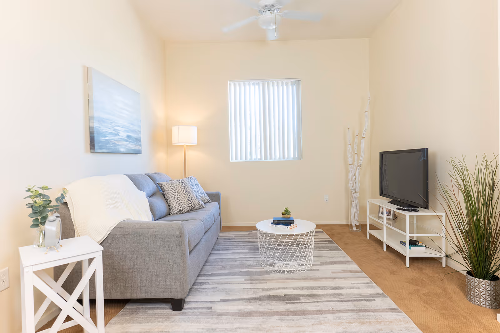 Bright furnished living room with a gray sofa, round coffee table, TV on a white stand, floor lamp and plants.