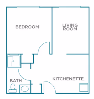Floor plan layout showing a bedroom, living room, kitchenette, and bathroom with labeled rooms and basic fixtures.