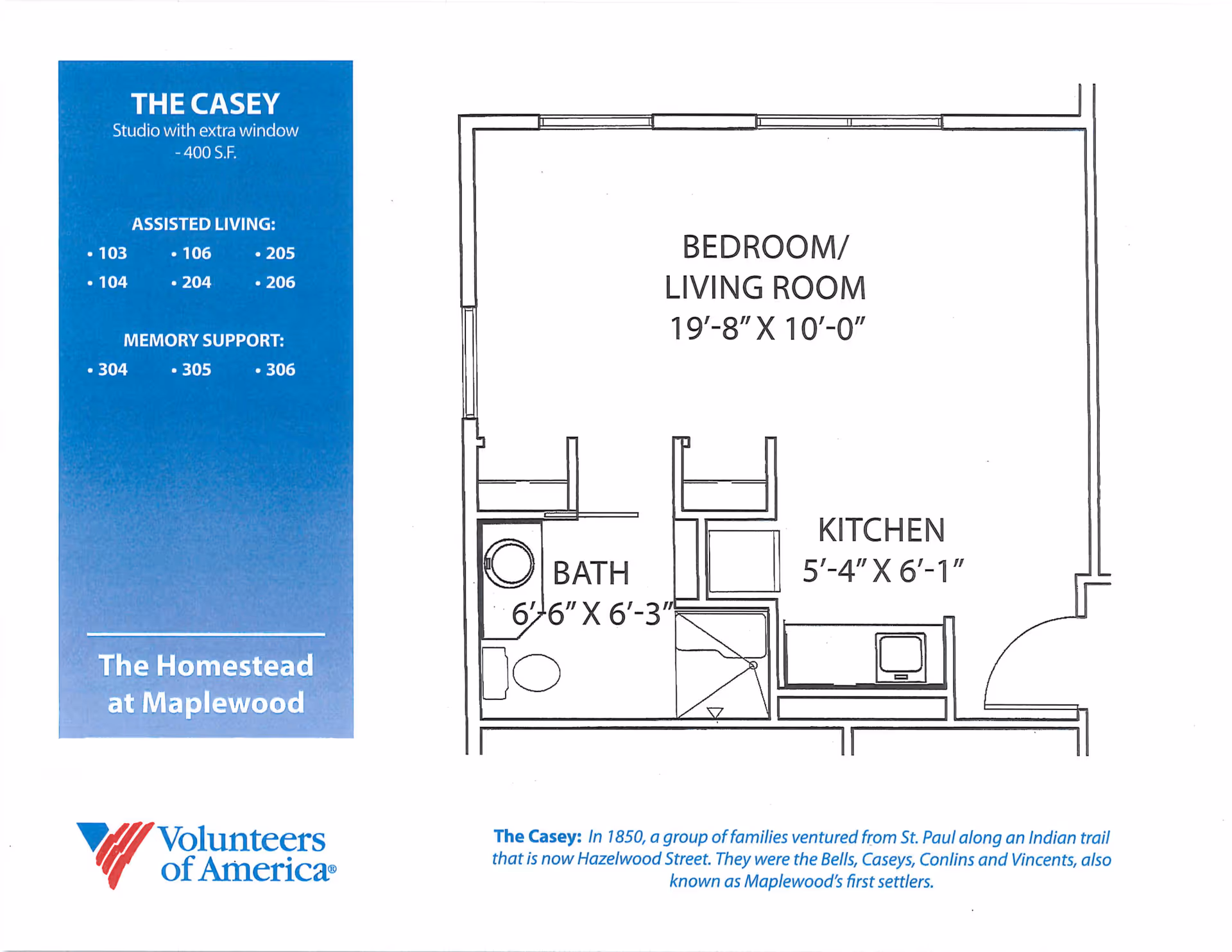 Floor plan of The Casey studio apartment at The Homestead at Maplewood, showing a combined bedroom/living room measuring 19 feet 8 inches by 10 feet, a kitchen measuring 5 feet 4 inches by 6 feet 1 inch, and a bathroom measuring 6 feet 6 inches by 6 feet 3 inches. The left side panel lists apartment numbers for assisted living and memory support. The Volunteers of America logo is at the bottom left.