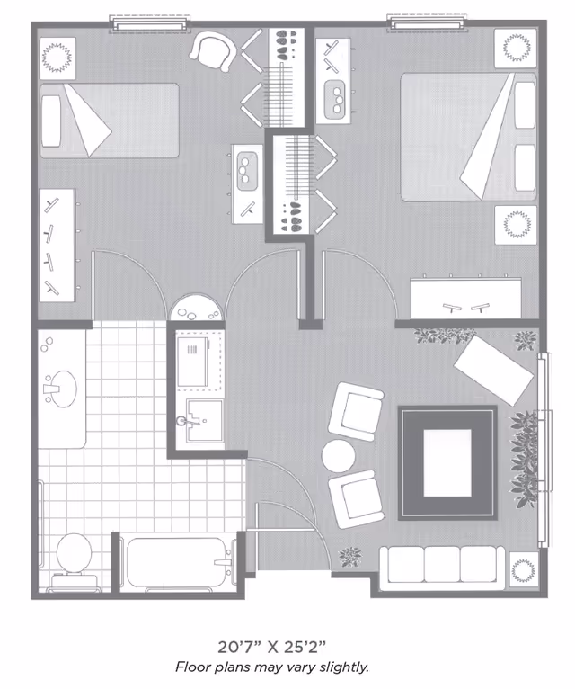 Floor plan of a residential unit at The Bungalows at Bowling Green showing two bedrooms, a bathroom, and a living room area with furniture layout including beds, chairs, tables, and plants.