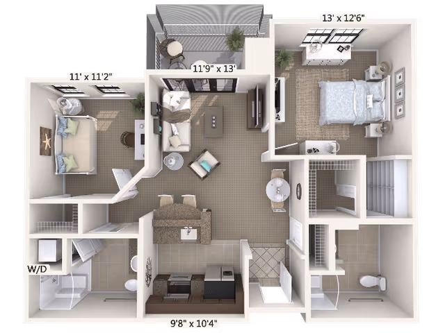 3D floor plan of a senior living apartment featuring two bedrooms, a living room with seating and TV, a kitchen with appliances and an island, two bathrooms, a laundry area with washer and dryer, and a balcony with outdoor seating.