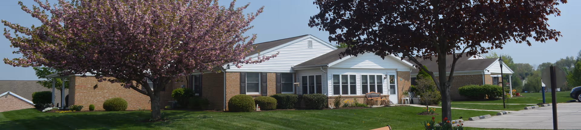 Exterior view of a single-story brick and siding building with large windows, surrounded by green grass and trees with pink blossoms, under a clear blue sky.