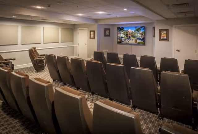 Carpeted screening room with multiple rows of theater-style seats facing a wall-mounted television.