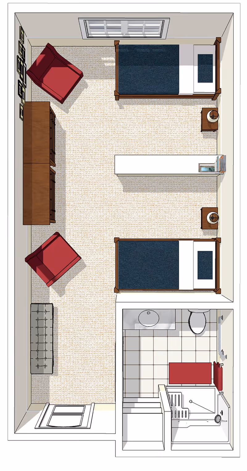 Top-down view of a senior living facility room with two single beds, each with a nightstand and lamp. The room includes two red armchairs, a long dresser, a bench near the entrance, and a small bathroom with a sink, toilet, and shower.