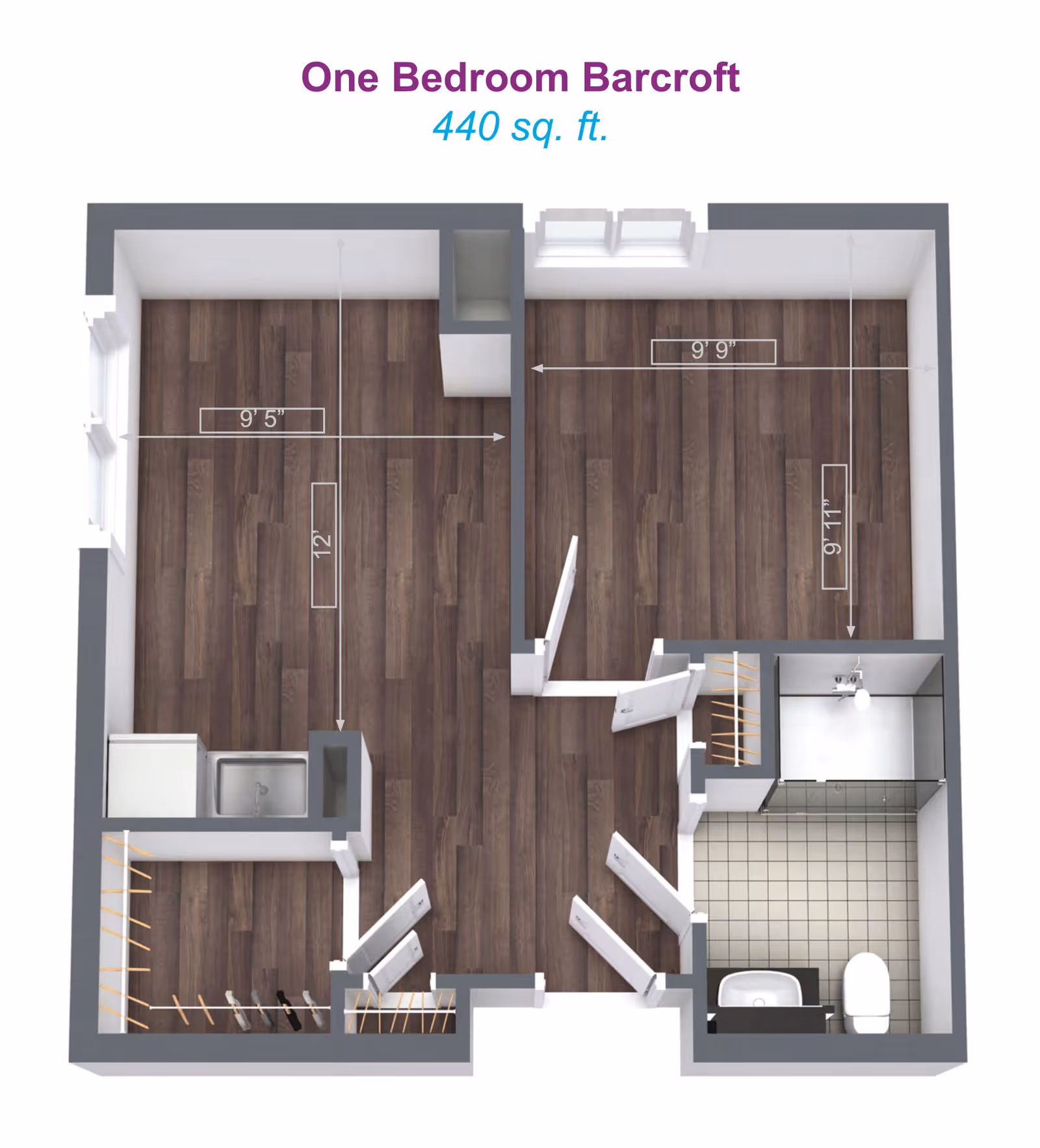 Floor plan of a one-bedroom apartment named Barcroft with a total area of 440 square feet. The layout shows a bedroom measuring 9 feet 5 inches by 12 feet, a living area measuring 9 feet 9 inches by 9 feet 11 inches, a bathroom with a toilet, sink, and shower, and a small kitchen area with a sink. The floor is depicted with dark wood flooring except for the bathroom which has tiled flooring.