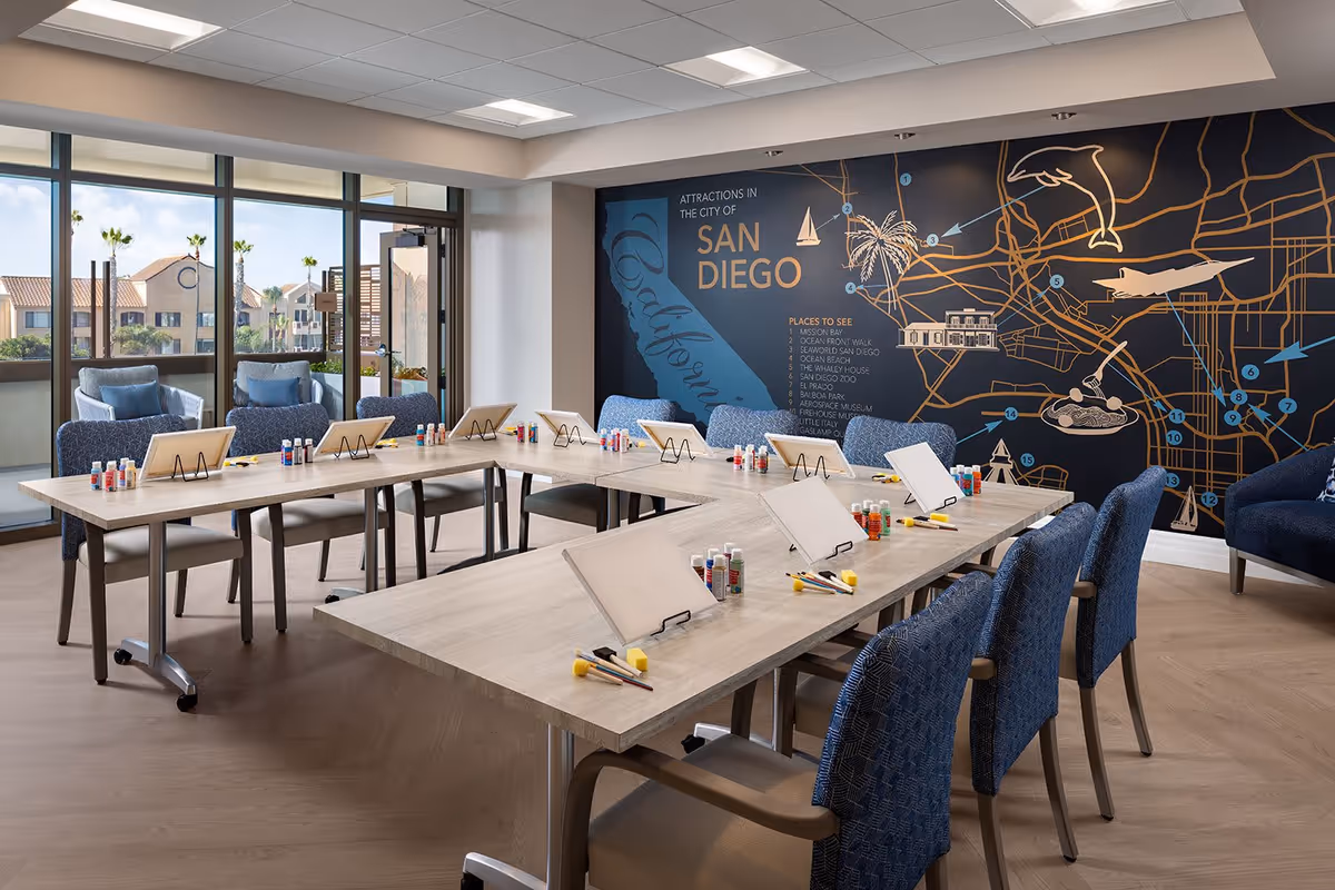 Bright activity room with tables and chairs arranged for painting, easels and art supplies on each station, and a large San Diego map mural on the wall.