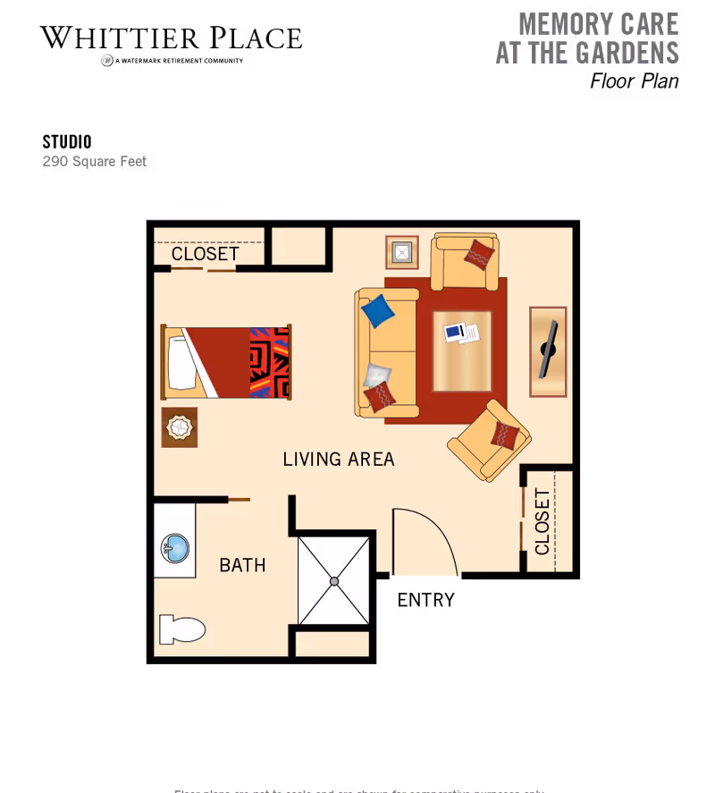 Top-down floor plan of a 290 sq ft memory care studio showing a living area with sofa and chairs, bed, bathroom, and two closets.