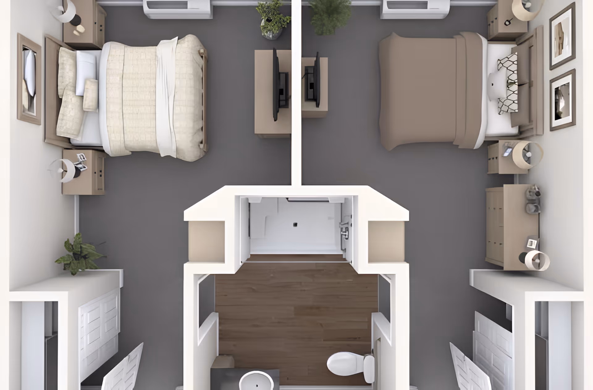 Top-down view of a two-bedroom apartment floor plan with a shared bathroom in the center. Each bedroom has a bed, nightstand, dresser, and TV. The bathroom includes a toilet, sink, and shower. The flooring is a mix of carpet in the bedrooms and wood in the bathroom area.