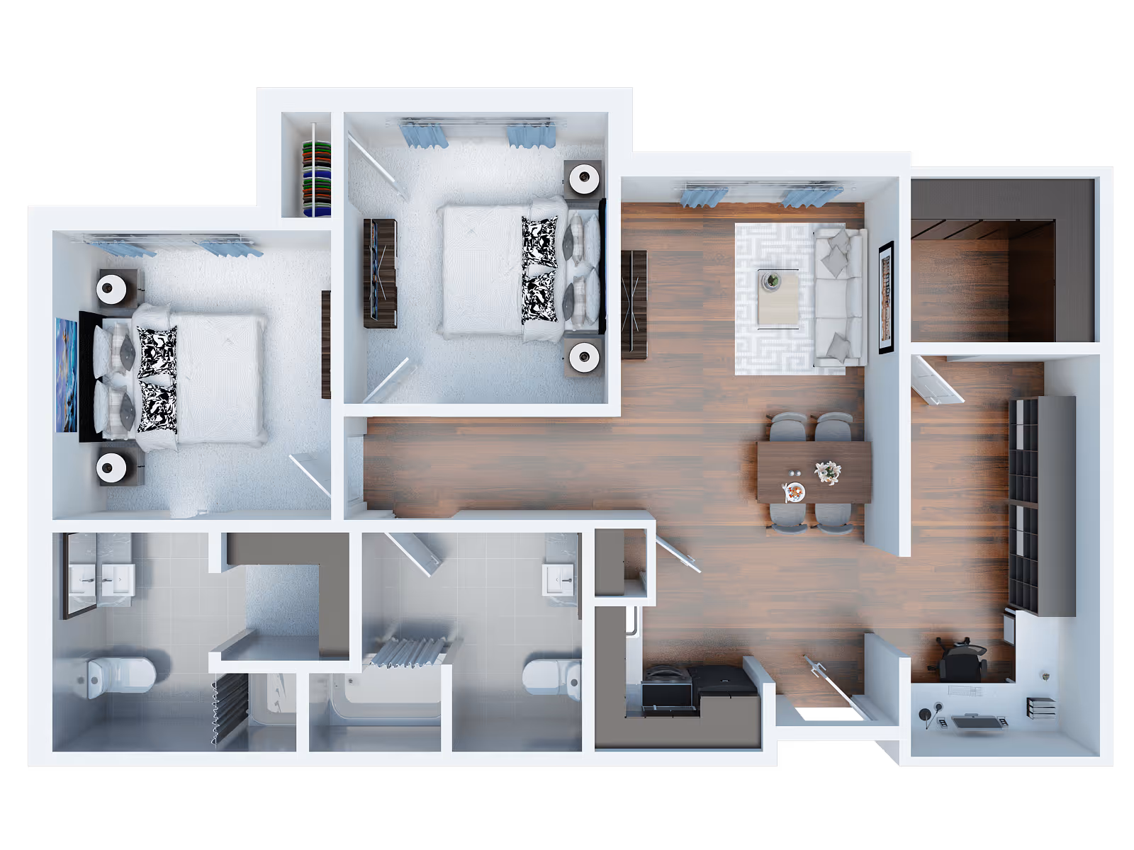 Top-down floor plan of a senior living apartment featuring two bedrooms with beds and nightstands, two bathrooms with toilets and sinks, a living room with a sofa, coffee table, and TV, a dining area with a table and four chairs, a kitchen with appliances, and a small office area with a desk and chair.
