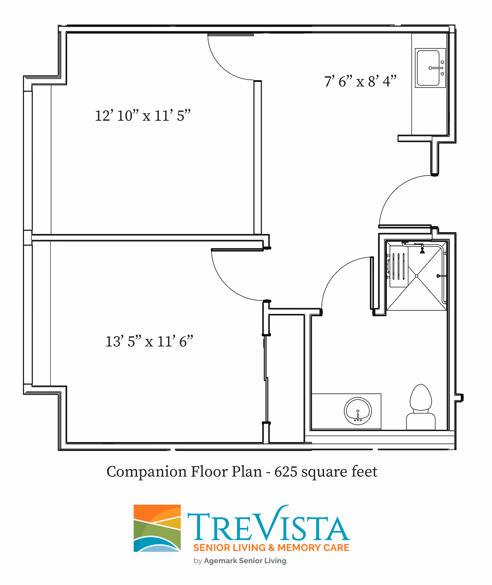 Architectural floor plan of a companion living unit measuring 625 square feet, showing two rooms with dimensions 12'10" x 11'5" and 13'5" x 11'6", a kitchen area of 7'6" x 8'4" with a sink, and a bathroom with a shower, sink, and toilet. The floor plan is labeled with the TreVista Senior Living & Memory Care logo.