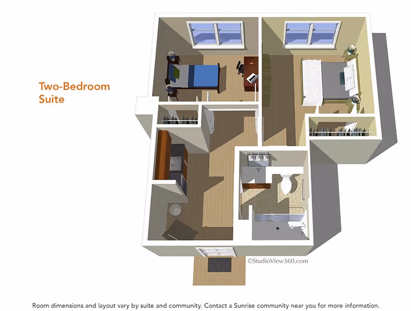 3D floor plan of a two-bedroom suite showing two bedrooms, a bathroom with a shower, a kitchen area, and an entryway. The left bedroom has a single bed and a desk, while the right bedroom has a double bed. The bathroom includes a toilet, sink, and shower. The kitchen area has cabinets and appliances. The layout is labeled 'Two-Bedroom Suite'.