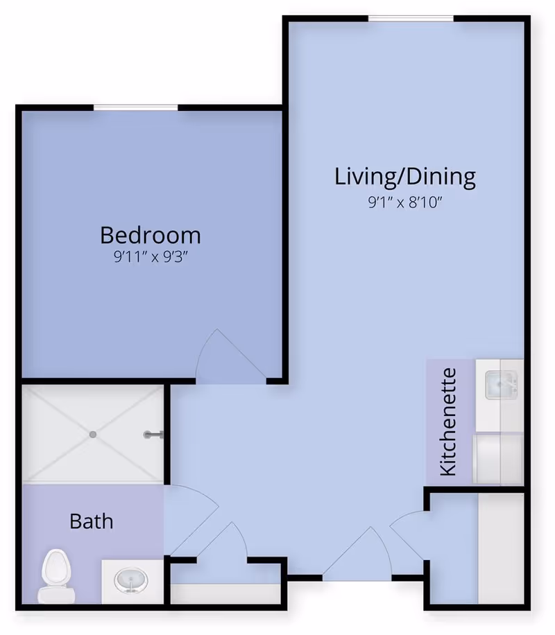Floor plan of a senior living unit at Juniper Village at Paramus showing a bedroom measuring 9 feet 11 inches by 9 feet 3 inches, a combined living and dining area measuring 9 feet 1 inch by 8 feet 10 inches, a bathroom with a toilet and sink, and a kitchenette area.