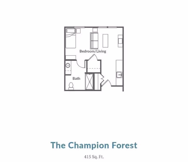 Floor plan of a small apartment unit named The Champion Forest, showing a combined bedroom and living area, a bathroom with a toilet and sink, and a small kitchen area. The total area is 415 square feet.