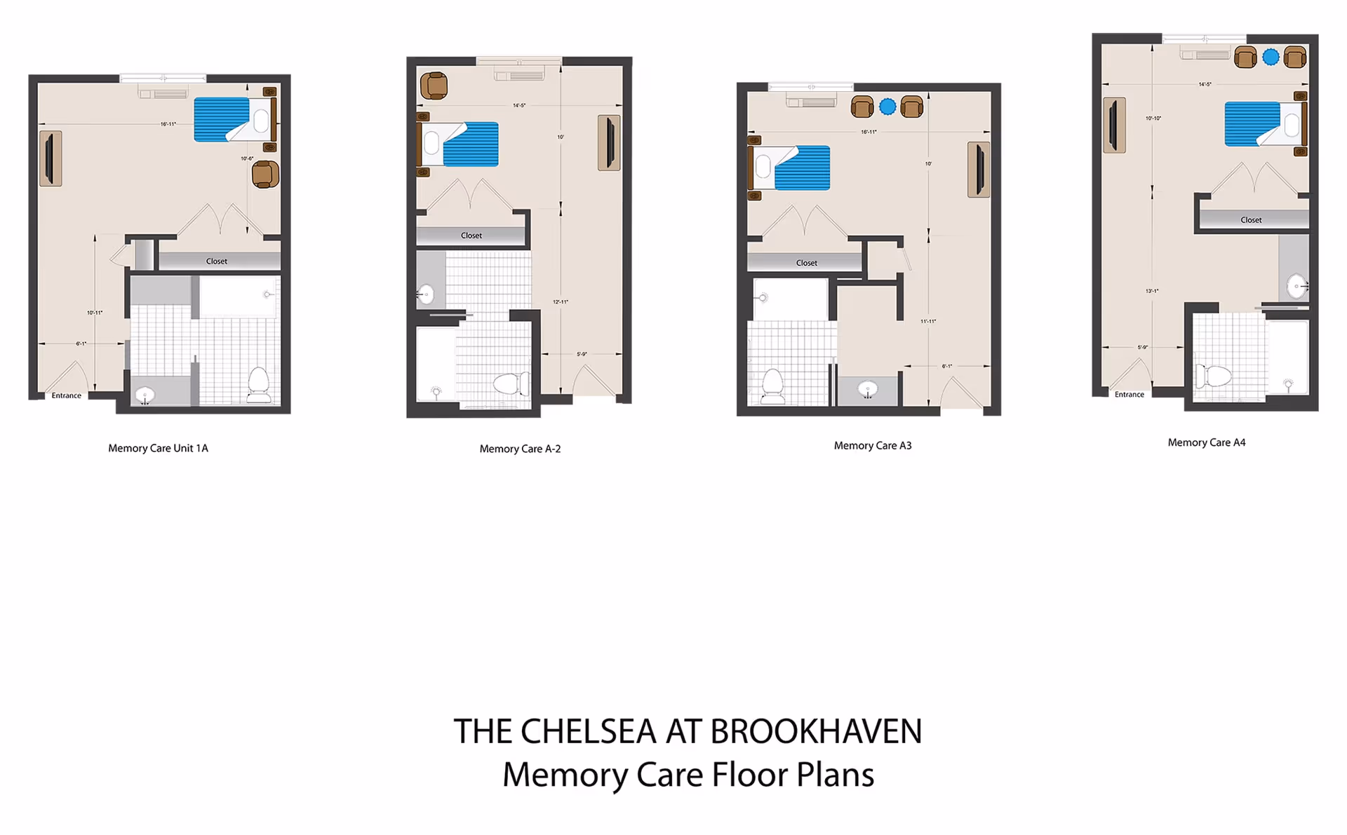 Four memory care floor plans labeled Memory Care Unit 1A, Memory Care A-2, Memory Care A3, and Memory Care A4 from The Chelsea at Brookhaven, each showing a bedroom area with a bed, closet, bathroom, and entrance.
