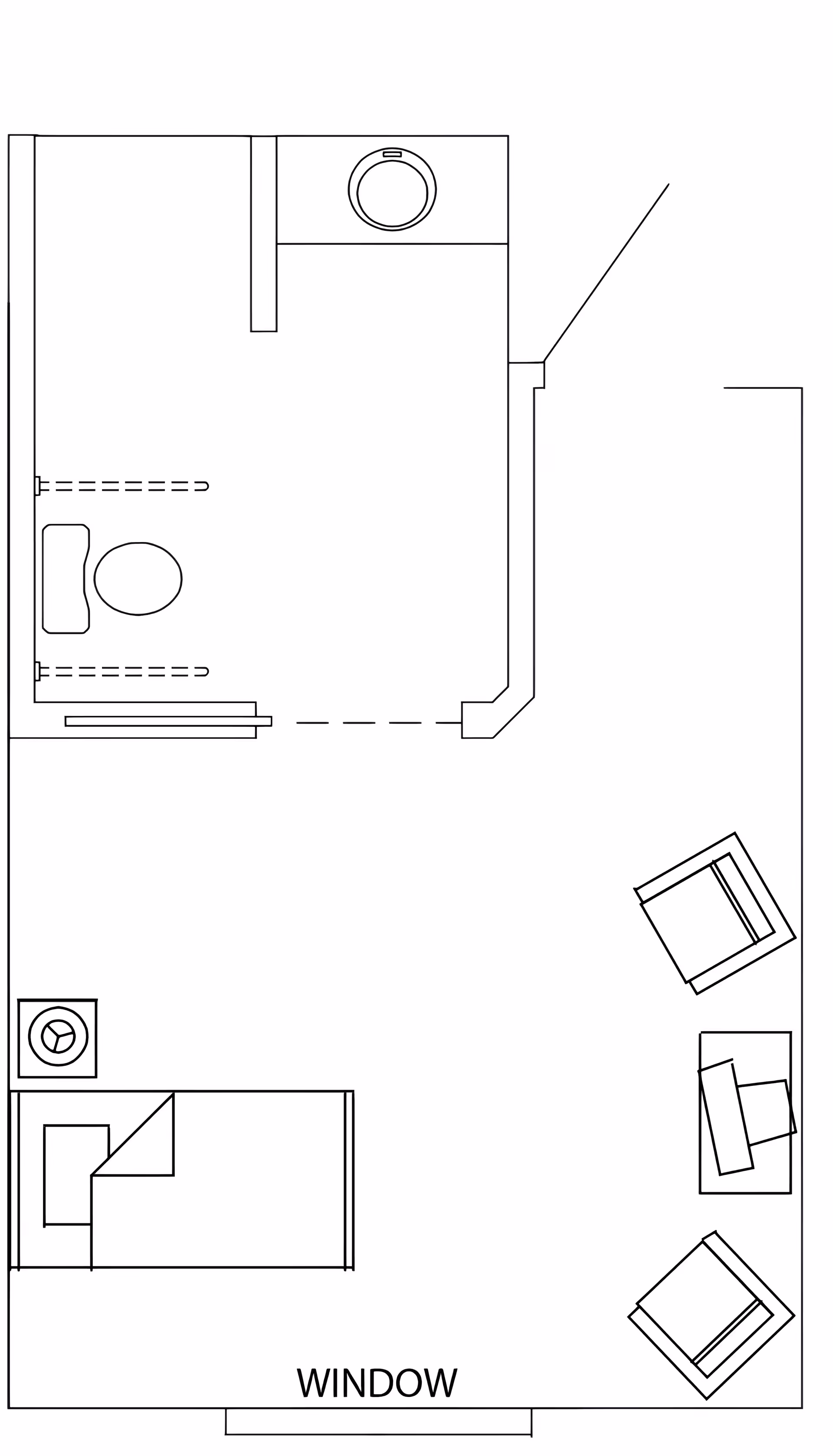 Black-and-white floor plan of a studio room showing a bed and bedside table, a seating area with chairs, and a bathroom with toilet and sink; a window is labeled 'WINDOW'.