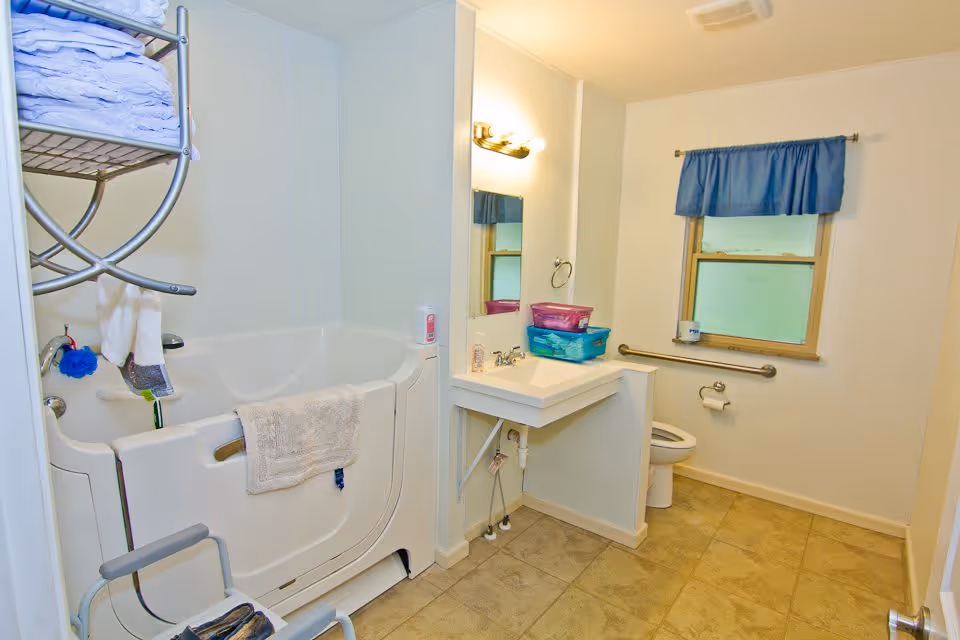 Bright accessible bathroom with a walk-in bathtub, wall-mounted sink, toilet with grab bar, and a window with a blue valance.