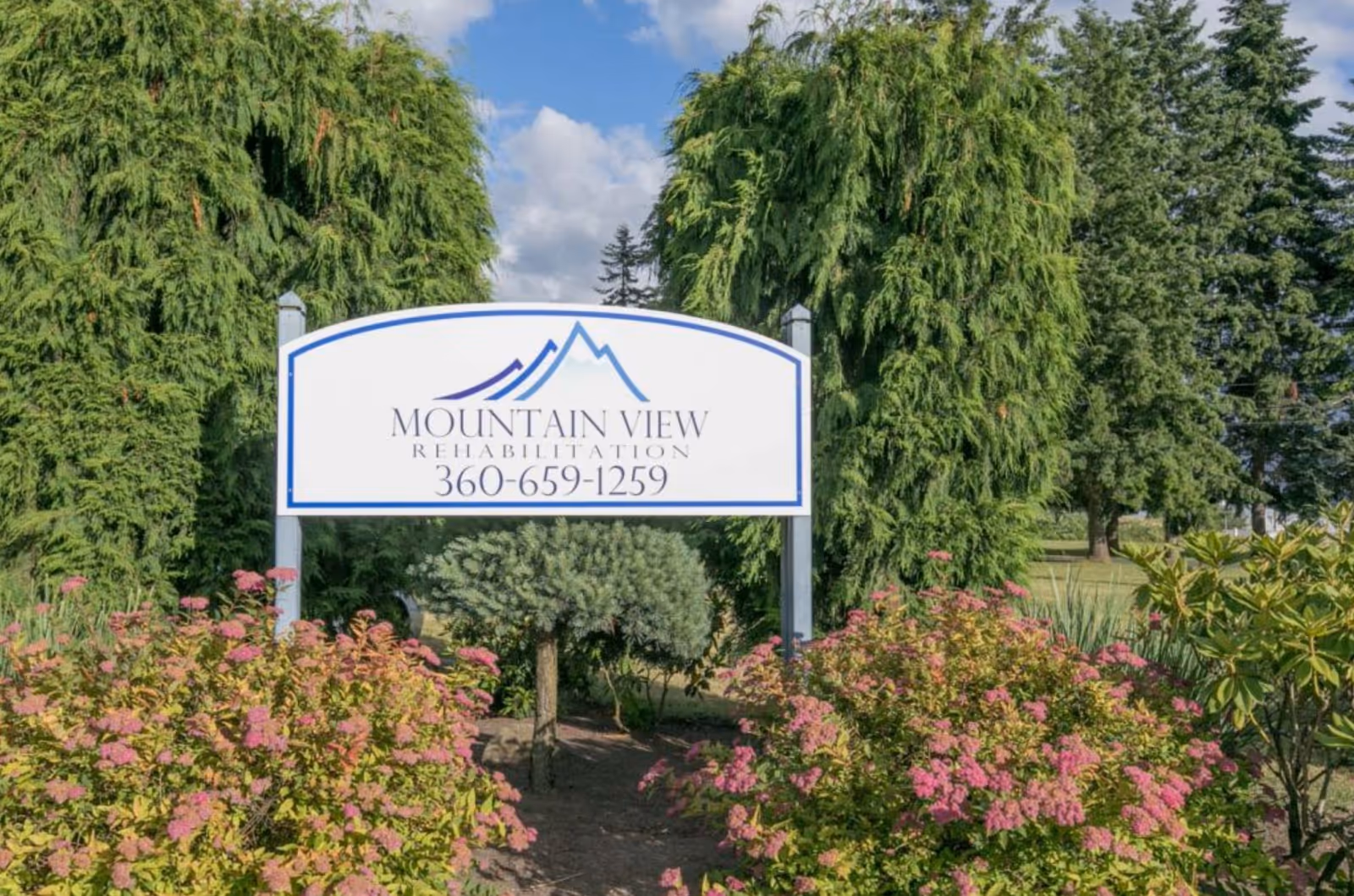 Outdoor view of a sign for Mountain View Rehabilitation with a phone number, surrounded by green trees and pink flowering bushes under a partly cloudy sky.
