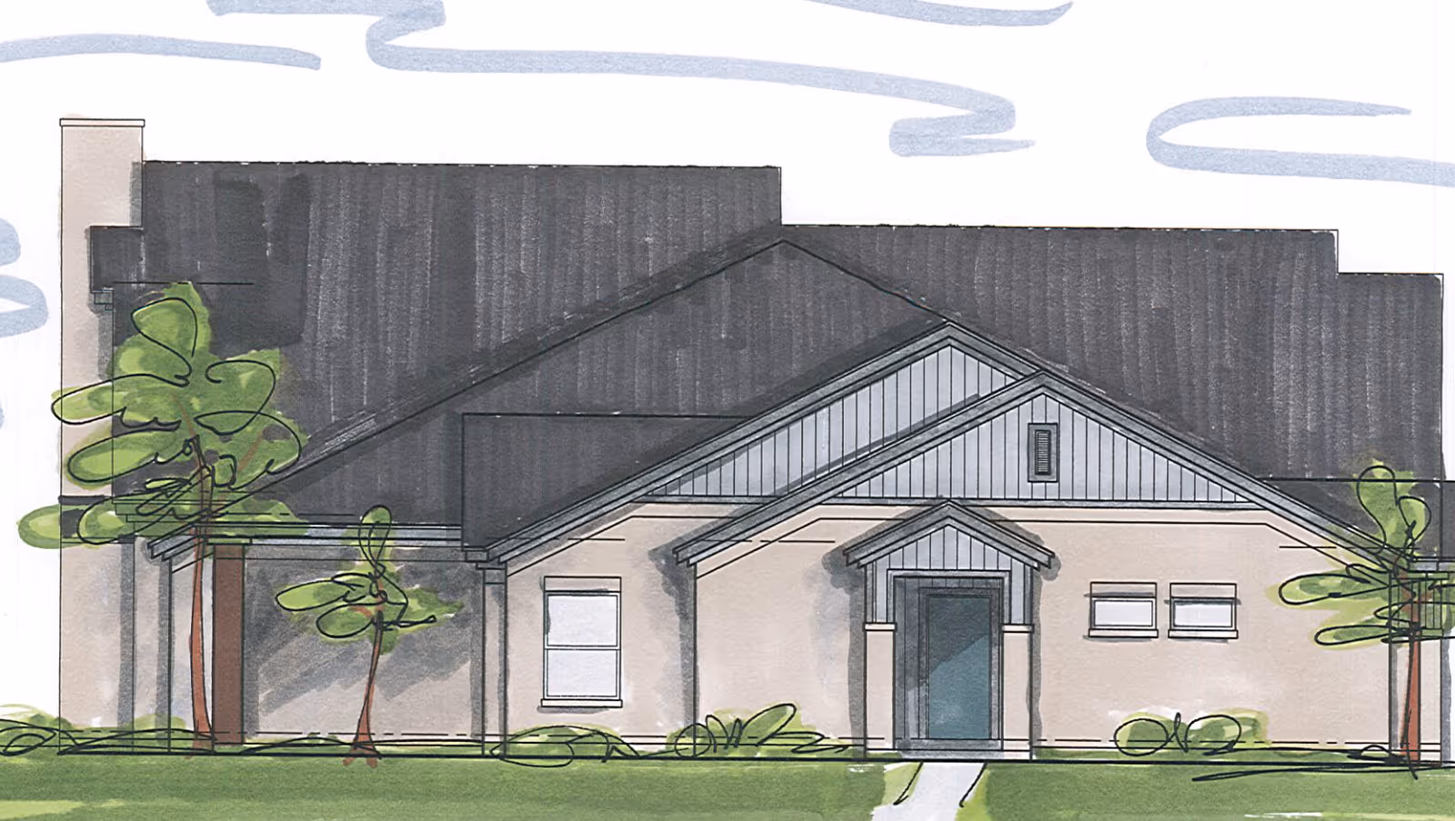 Hand-drawn front elevation of a single-story house with a gabled roof, central entry porch, and trees and lawn in front.