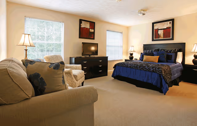 A well-lit bedroom featuring a large bed with blue and black bedding, two bedside tables with lamps, a black dresser with a TV on top, a beige armchair, and a beige sofa with floral cushions. Two windows with blinds allow natural light into the room, and two abstract paintings hang on the walls.