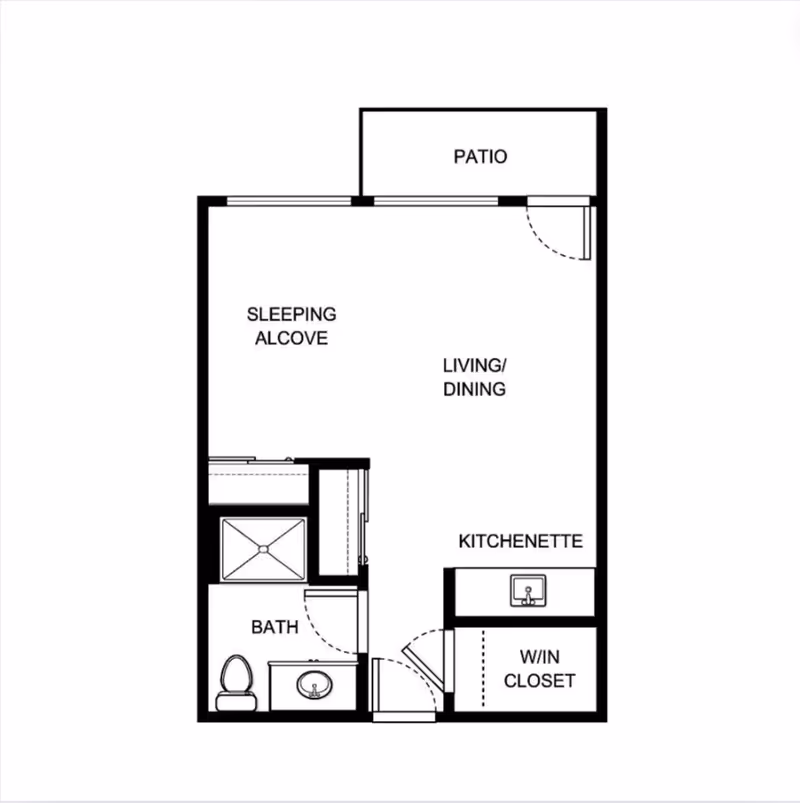 Floor plan of a living space at Solista Yakima showing a sleeping alcove, living/dining area, kitchenette, walk-in closet, bathroom, and a patio.