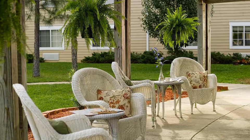 Outdoor patio area with white wicker chairs and small tables, each chair adorned with floral cushions. Hanging green ferns are suspended from wooden posts, and a well-maintained lawn and beige building with windows are visible in the background.
