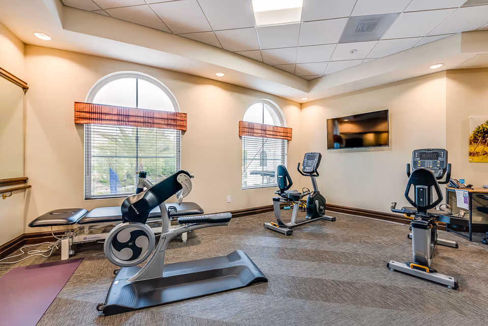 Fitness room with recumbent bikes, an exercise machine, a wall-mounted TV, and arched windows.