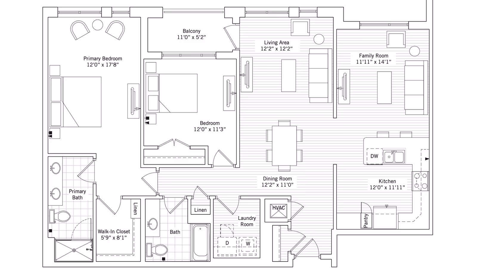 Black-and-white floor plan of a senior living apartment showing labeled rooms including primary bedroom, bedroom, living and family rooms, dining room, kitchen, bathrooms, laundry, and a balcony.
