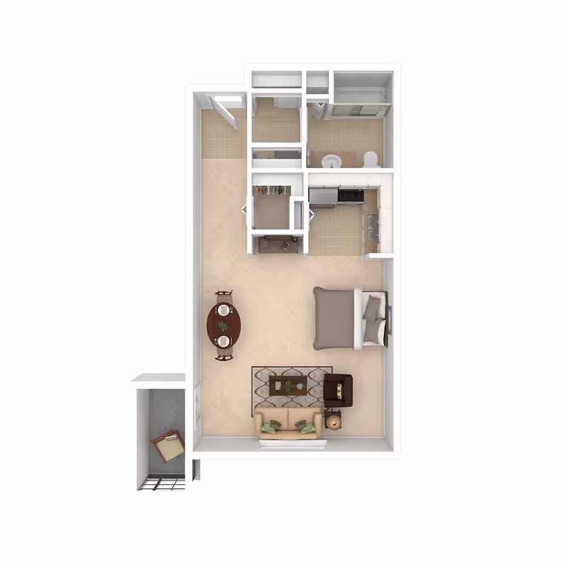 3D floor plan of a studio apartment featuring a combined living and sleeping area with a bed, sofa, armchair, coffee table, and dining table with two chairs. The kitchen is equipped with appliances and cabinetry. There is a bathroom with a shower, toilet, and sink, as well as a closet space. A small balcony with a chair is accessible from the living area.