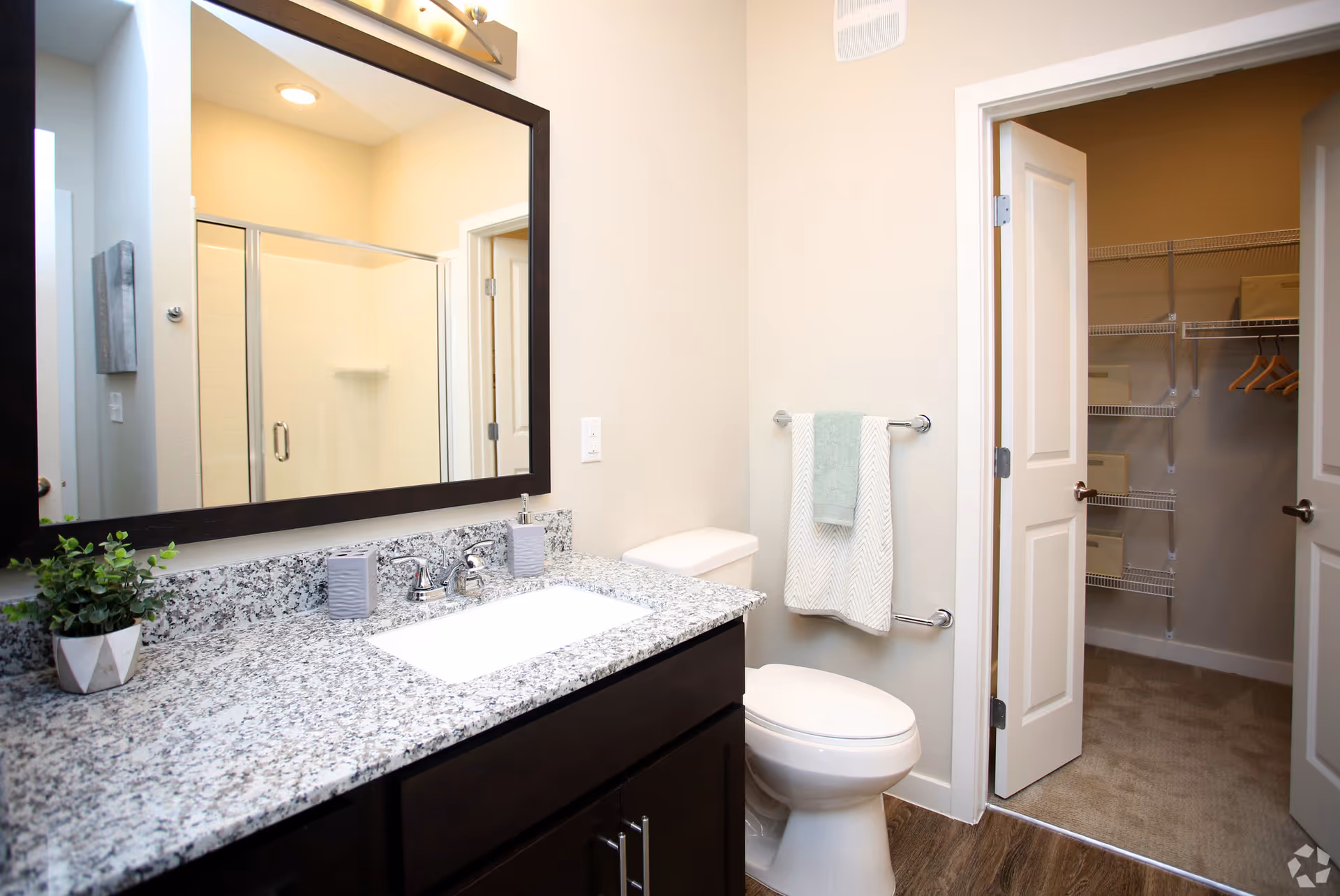 Bright bathroom with a granite vanity and large mirror, toilet, glass shower, and an open door leading to a walk-in closet.