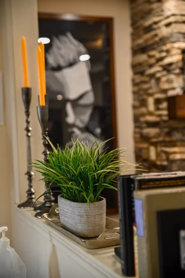A close-up view of a decorative indoor setting featuring a small potted green plant in a rectangular white pot placed on a tray. Behind the plant are two tall silver candlesticks with orange candles. In the background, there is a blurred black and white framed portrait and a stone wall with a fireplace.