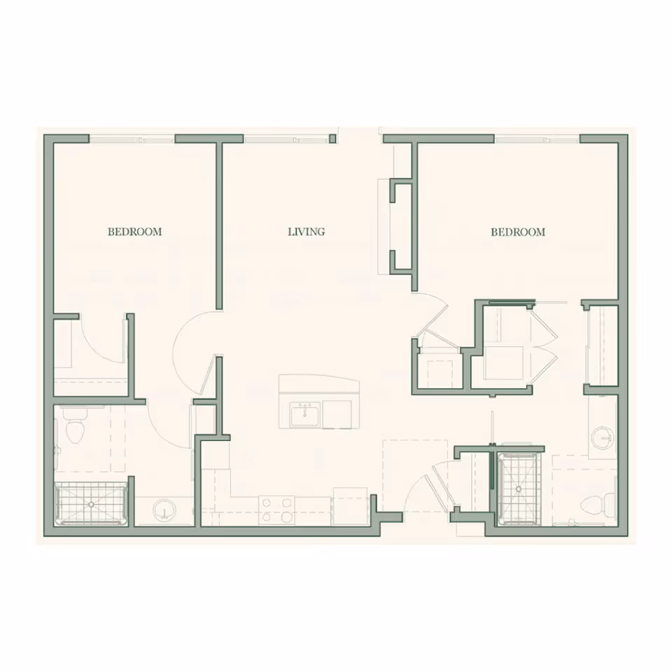 Floor plan layout of a living space with two bedrooms, two bathrooms, a living area, and a kitchen area with an island.